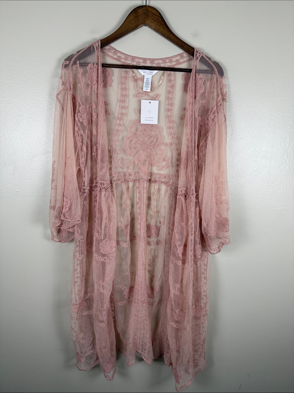LC Lauren Conrad Dusty Pink Lace Sheer Kimono Wrap. OS